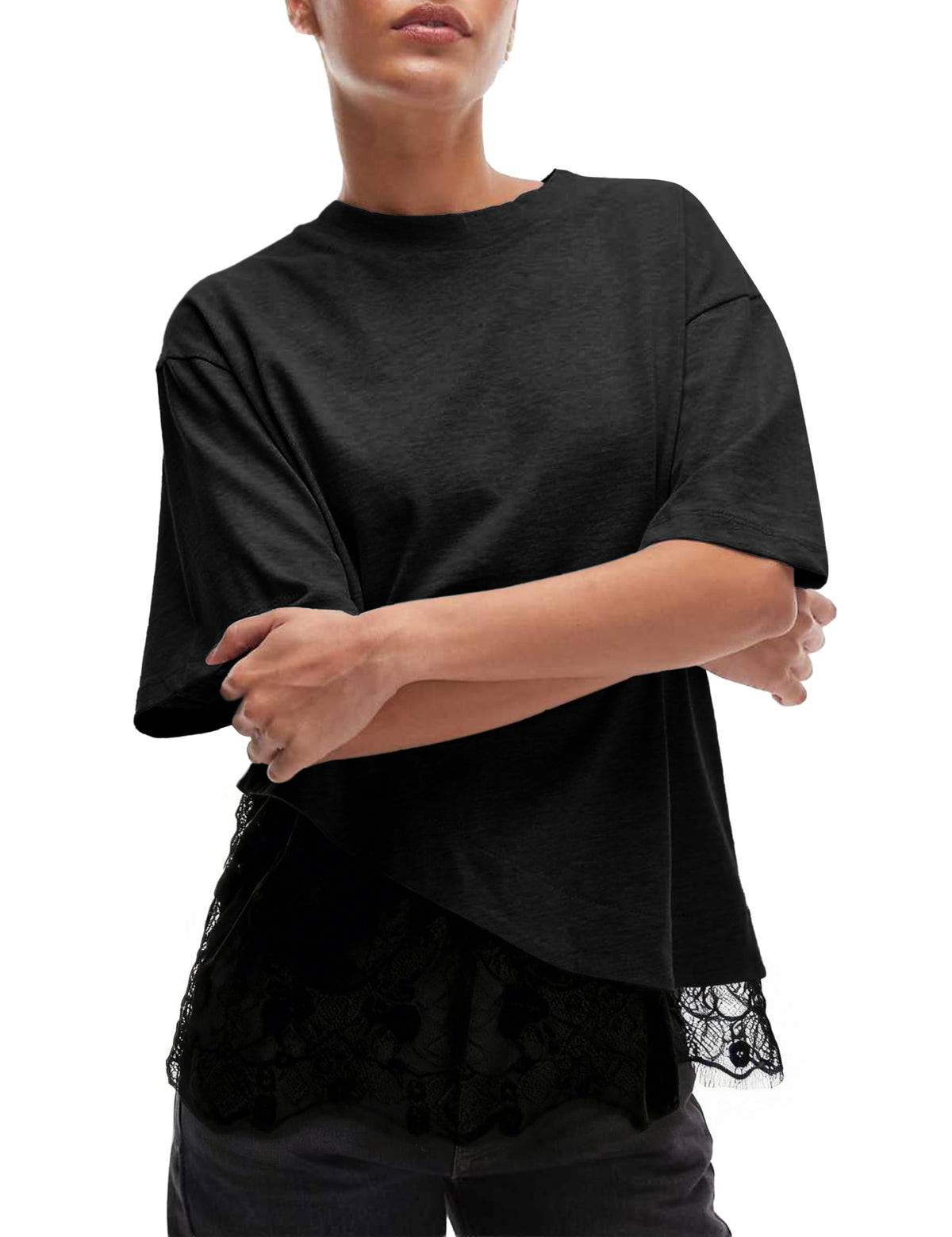 Womens Lace Patchwork Tops Casual Short Sleeve Cotton T Shirts