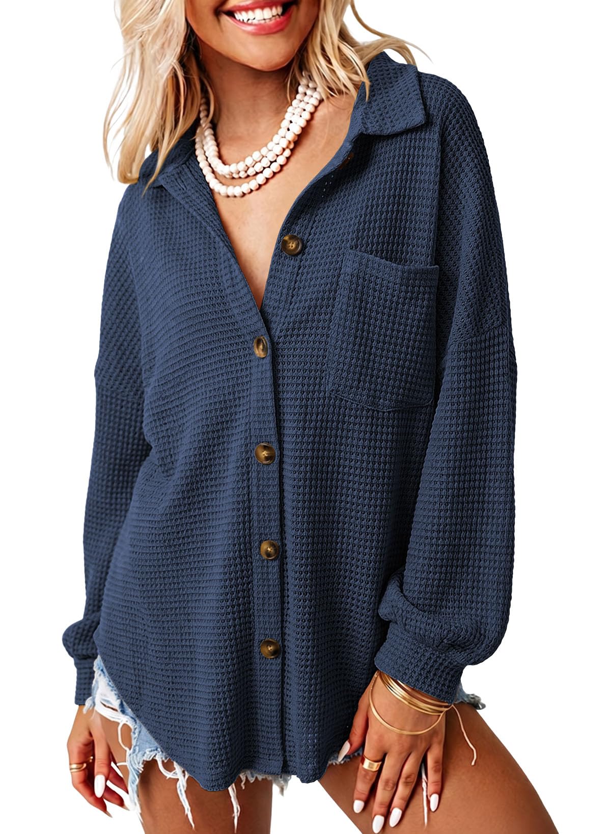 Dokotoo Womens Waffle Knit Shacket Jacket Casual Button Down Shirts Tops