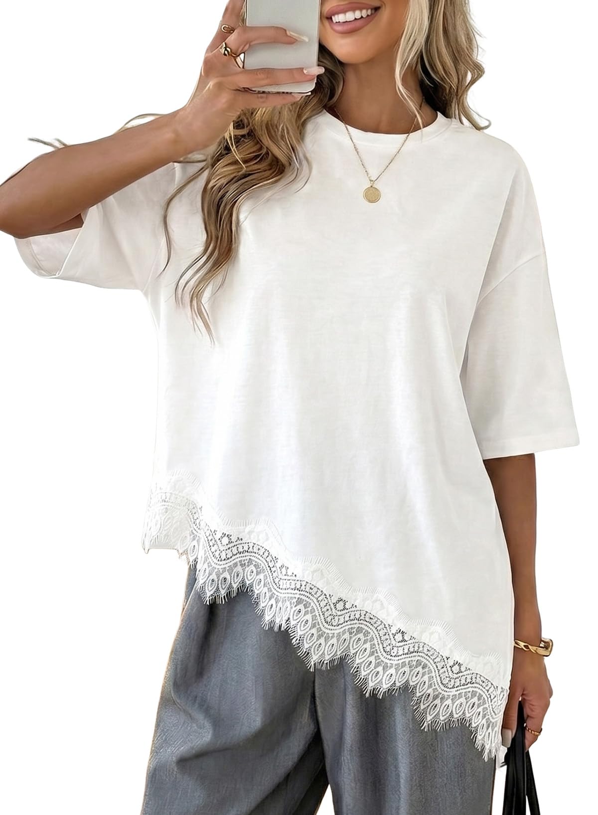 LOLONG Women Casual Crew Neck Half Sleeve Shirts Asymmetrical Lace Hem Tops