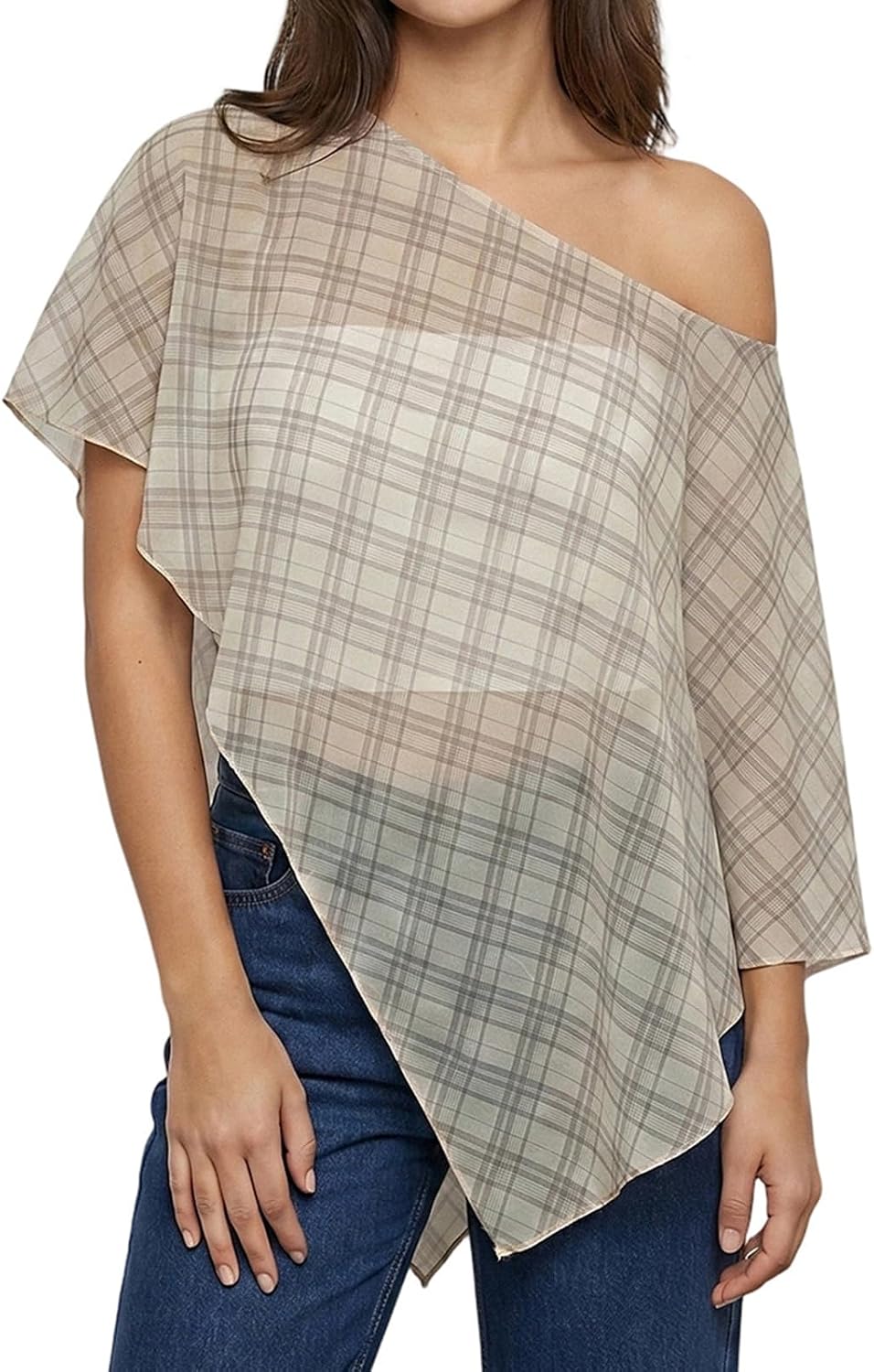 Women's Casual Sheer Chiffon Poncho Top Boat Neck Asymmetrical See Through Cover Up Beach Vacation Summer Y2k Outfit