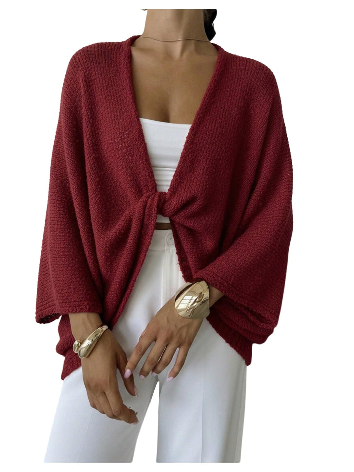 GORGLITTER Women's Oversized Fall Wrap Sweater Cropped Bat Wing Knit Tops