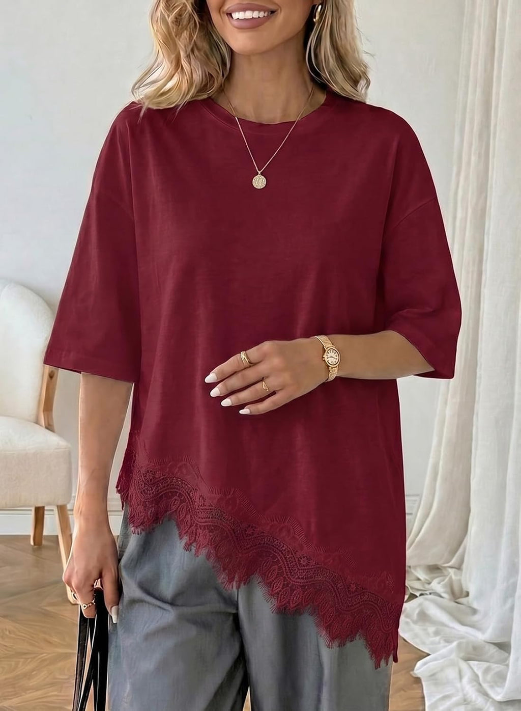LOLONG Women Casual Crew Neck Half Sleeve Shirts Asymmetrical Lace Hem Tops