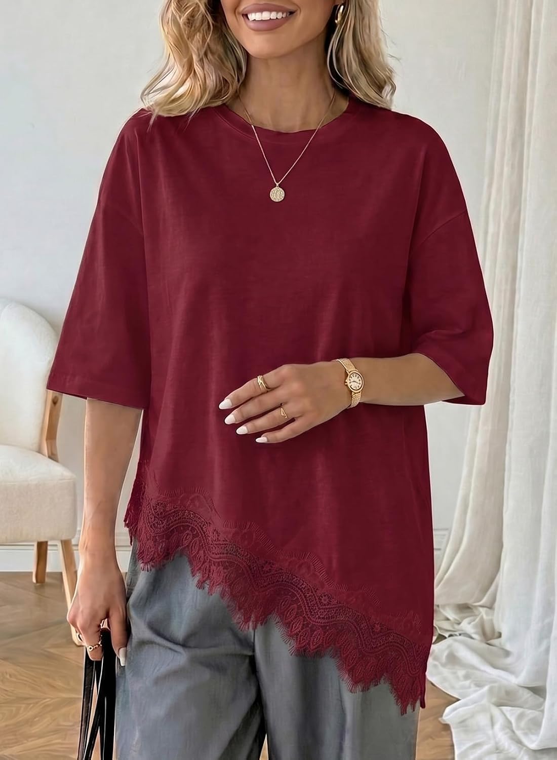 LOLONG Women Casual Crew Neck Half Sleeve Shirts Asymmetrical Lace Hem Tops