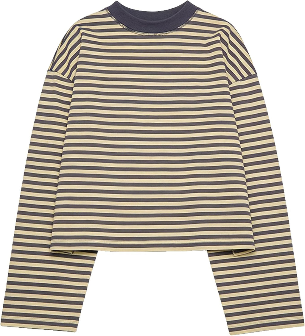 Striped Bloom Long Sleeve Shirt for Women Boxy Tee Top Streetwear