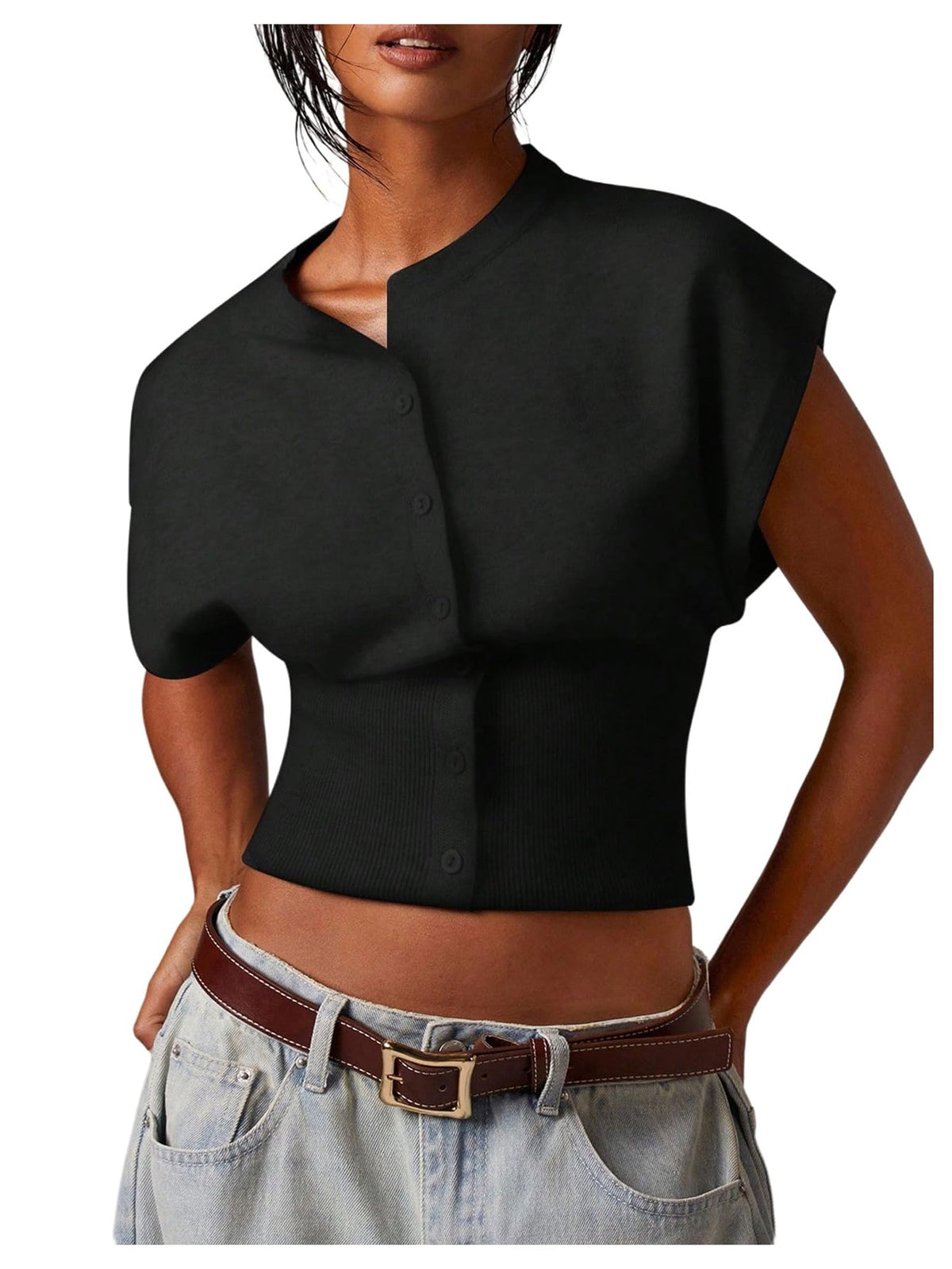 SHENHE Women's Cap Sleeve Button Up Sweater Sleeveless Knit Vest Crop Top