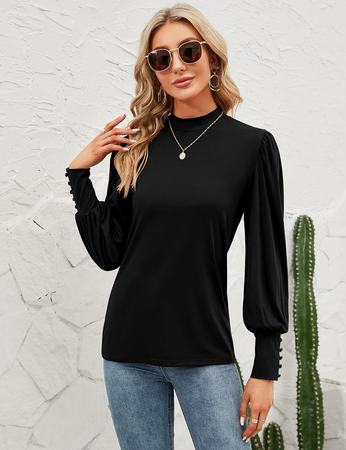 Mock Neck Tops for Womens Turtleneck Puff Long Sleeve Shirts Blouses
