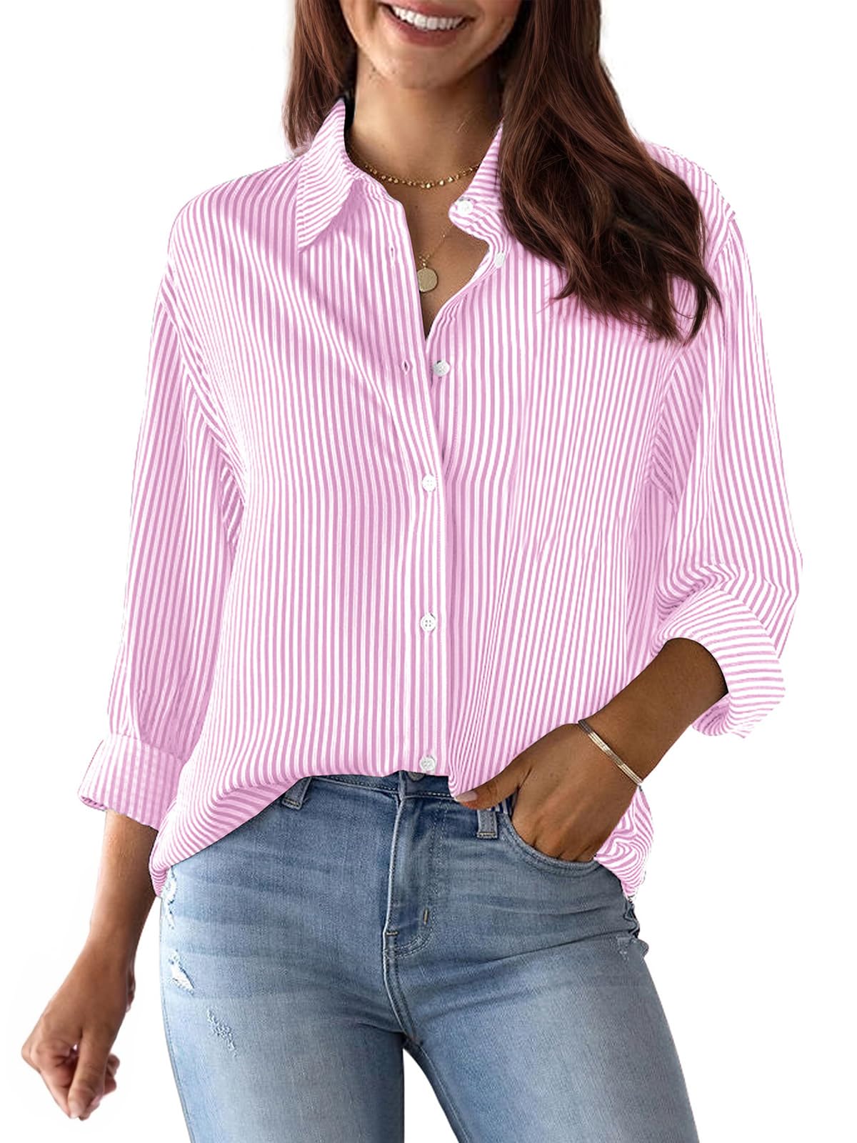 siliteelon Striped Button Down Shirts Women Cotton Long Sleeve Work Blouses