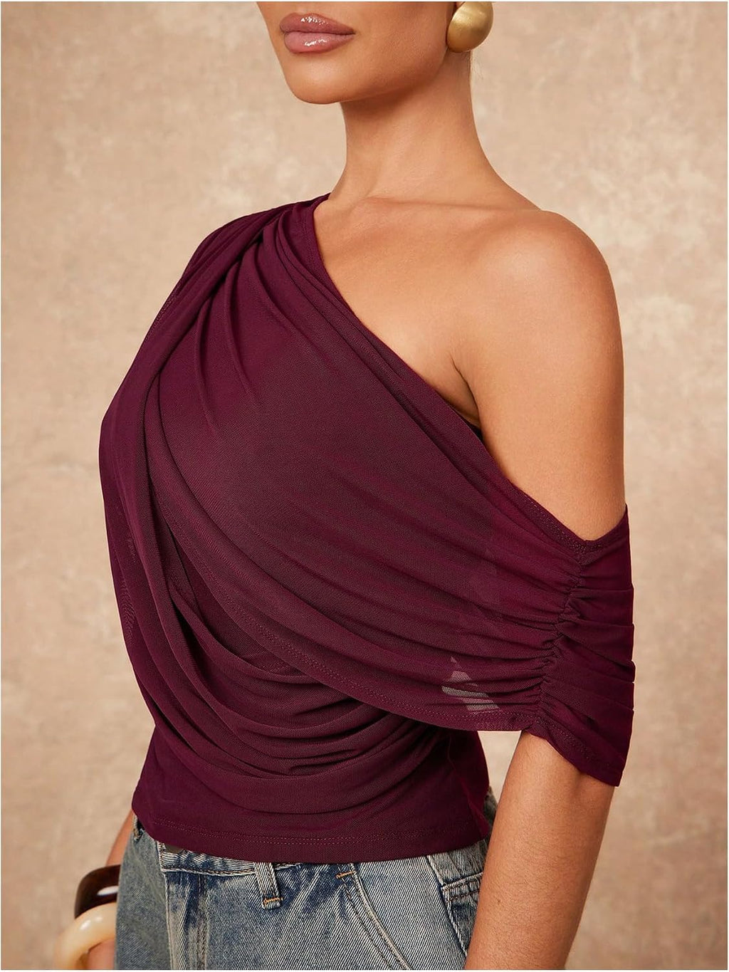 Milumia Women's Off The Shoulder Ruched Draped Mesh Asymmetrical Crop Tops