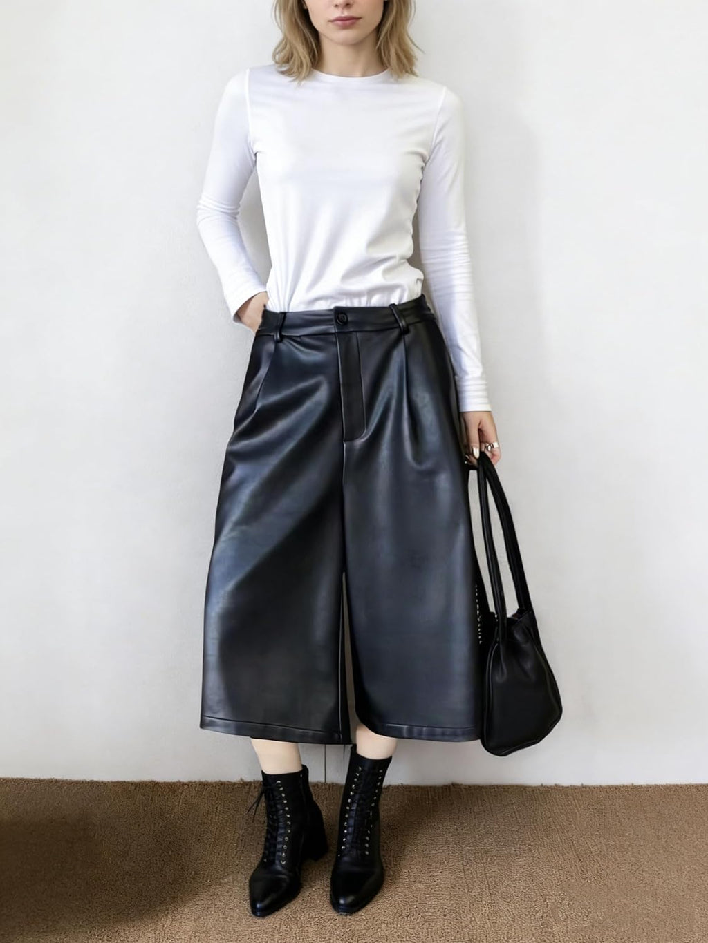 chouyatou Women's Pu Faux Leather Wide Leg Cropped Pants High Elastic Waist Baggy Barrel Capri Palazzo Pants