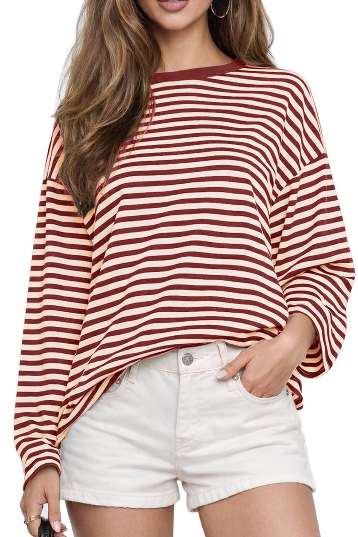 CHYRII Womens Oversized Striped Long Sleeve T Shirt Casual Fall Tops