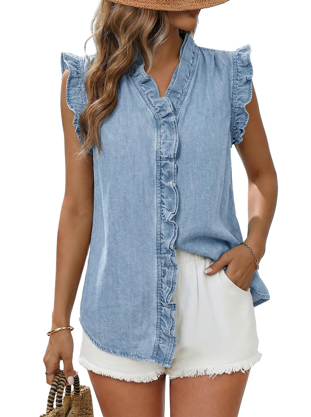 Dokotoo Denim Vest Women Sleeveless Tops Button Up Peplum V Neck Jean Vest