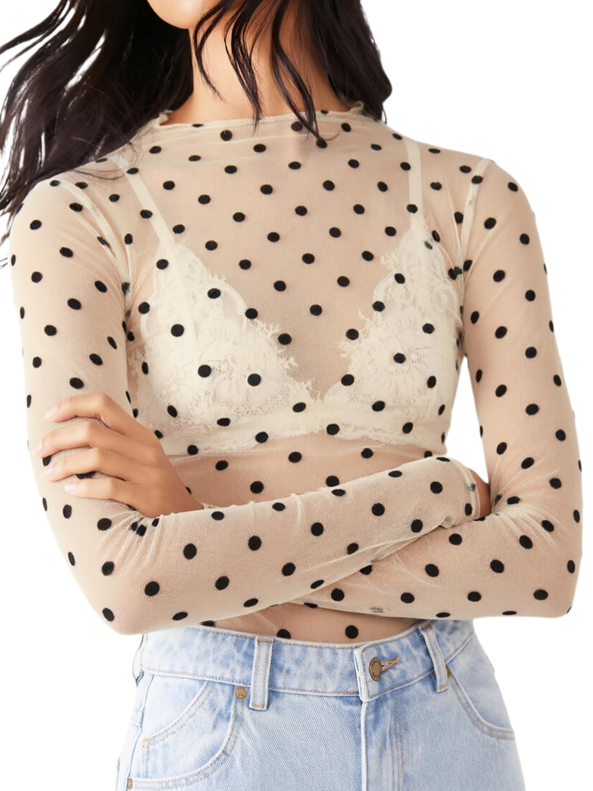 KMBANGI Women's Mesh Lace Long Sleeve Top Mock Neck Sheer Layering Tops