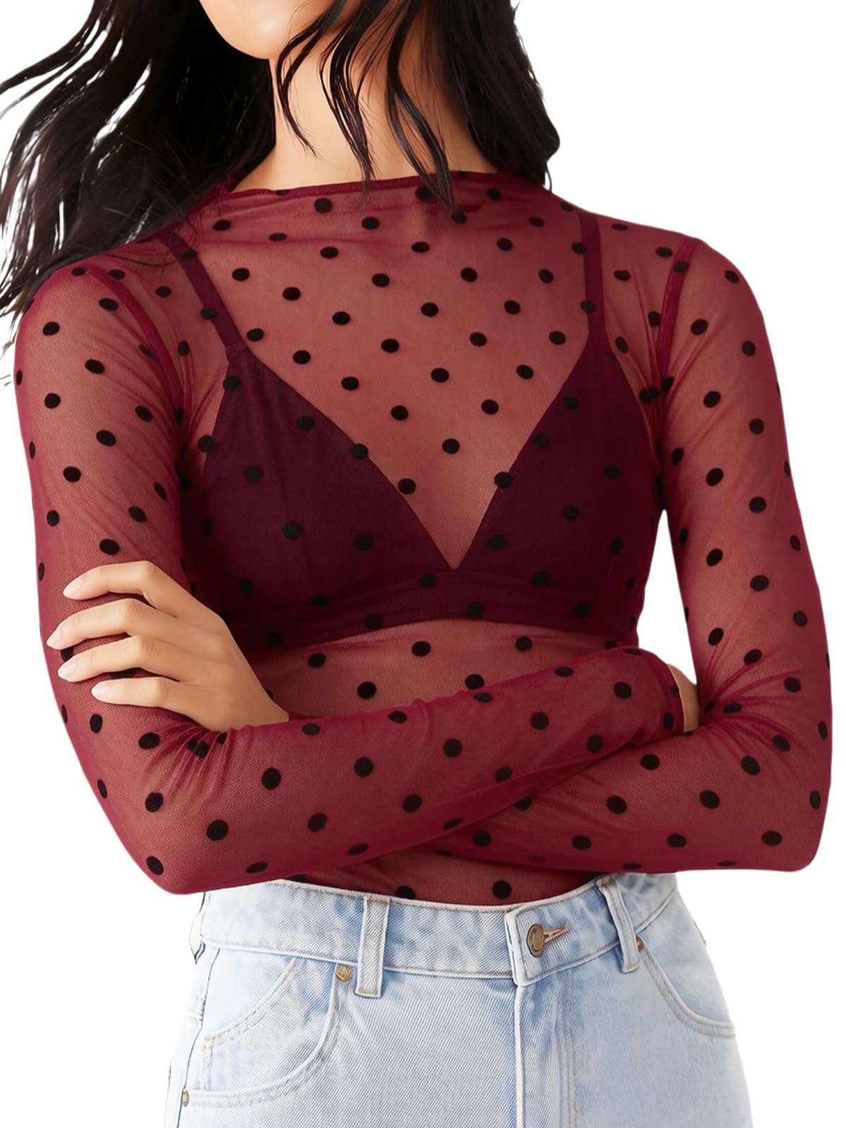 KMBANGI Women's Mesh Lace Long Sleeve Top Mock Neck Sheer Layering Tops