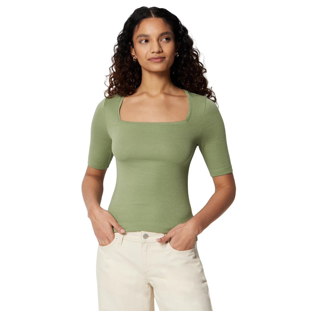 Amazon Essentials Women's Slim Fit Half Sleeve Square Neck Cotton Modal T-Shirt