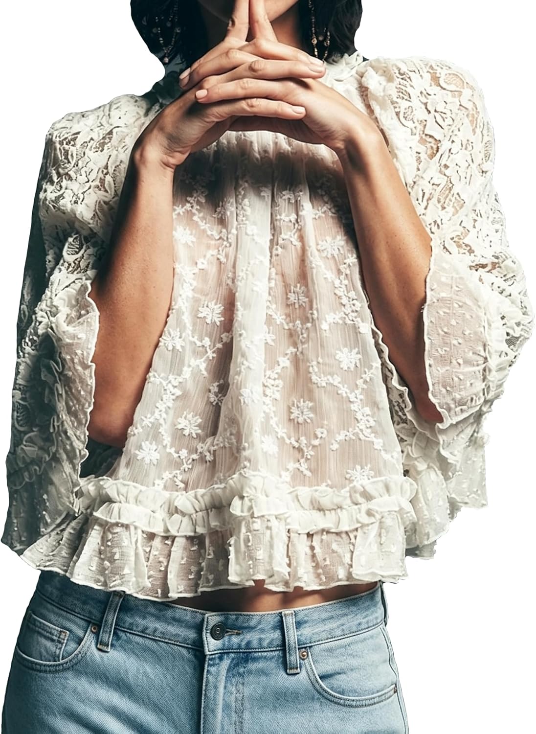Womens Boho Flowy Lace Shirt Sheer Ruffle Flare Sleeve Casual Loose See Through Cover Up Top Blouse Summer Beachwear