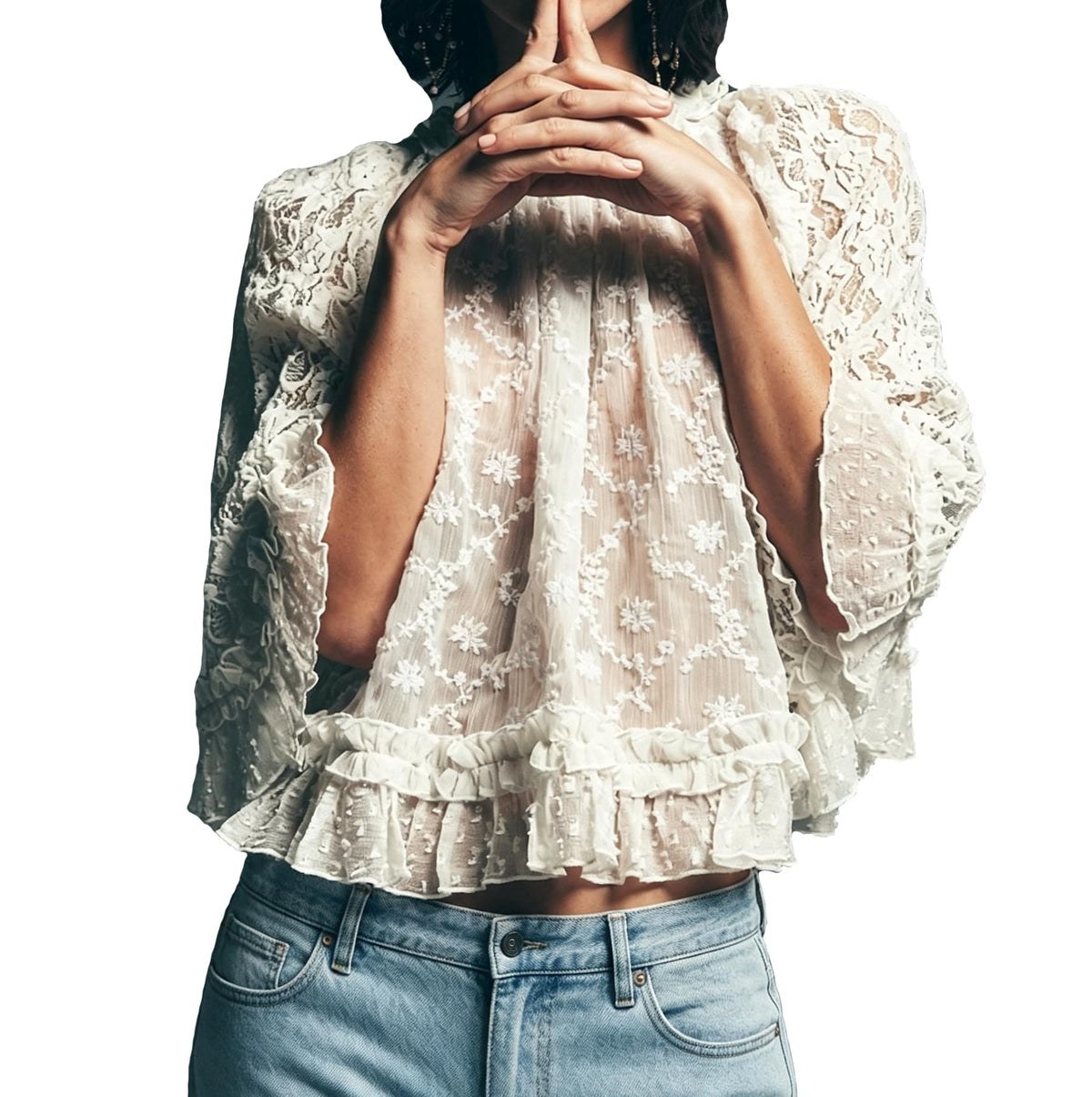 Womens Boho Flowy Lace Shirt Sheer Ruffle Flare Sleeve Casual Loose See Through Cover Up Top Blouse Summer Beachwear