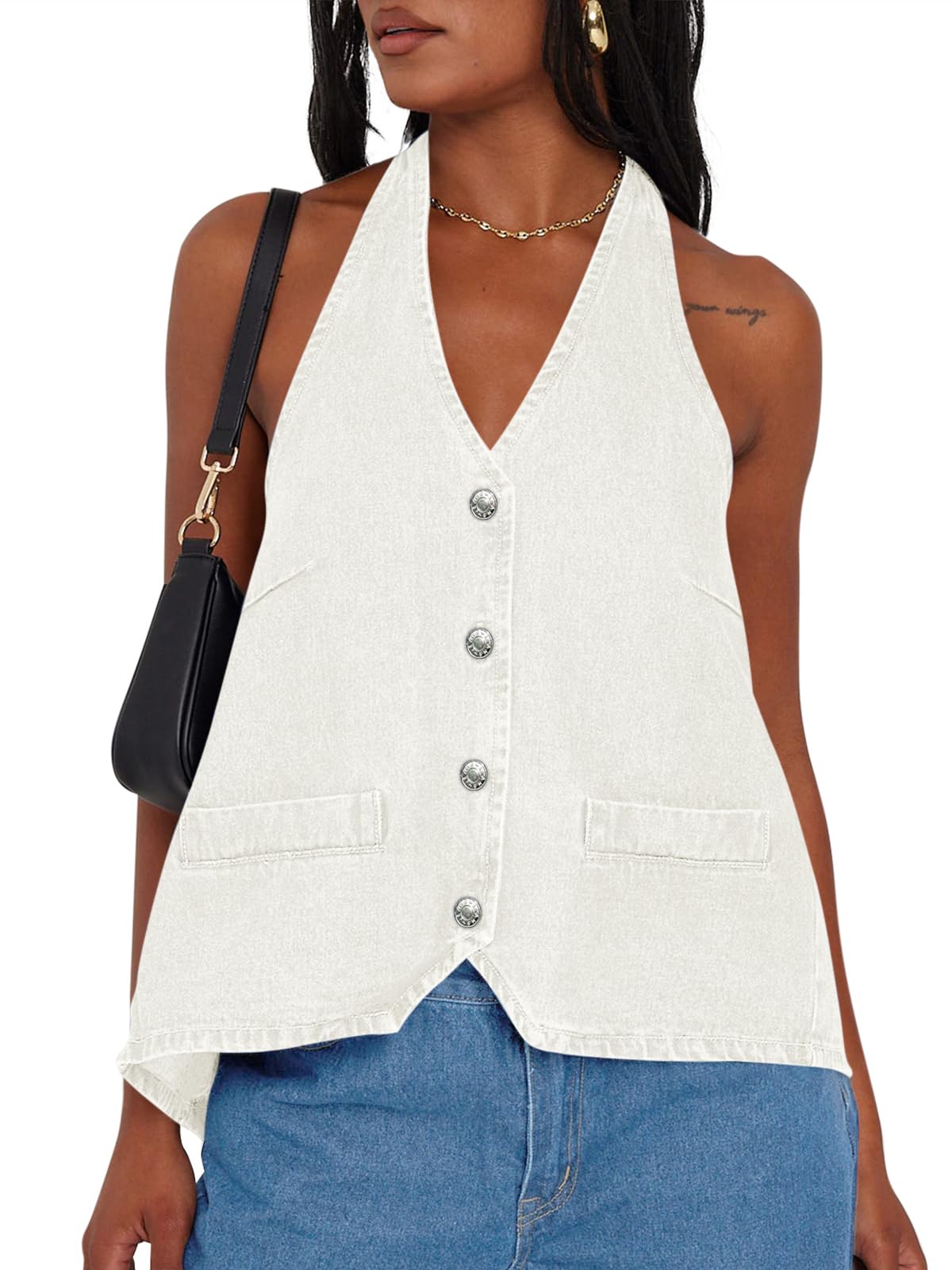 Tankaneo Womens Halter Denim Vest Top Summer Sleeveless Open Back Waistcoat