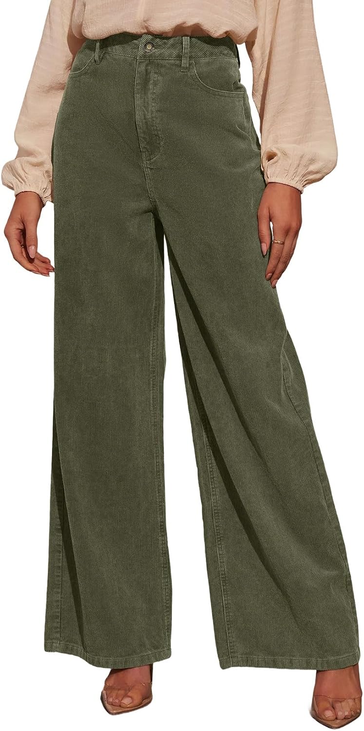 Sidefeel Women's Wide Leg Corduroy Pants High Waisted Baggy Trousers
