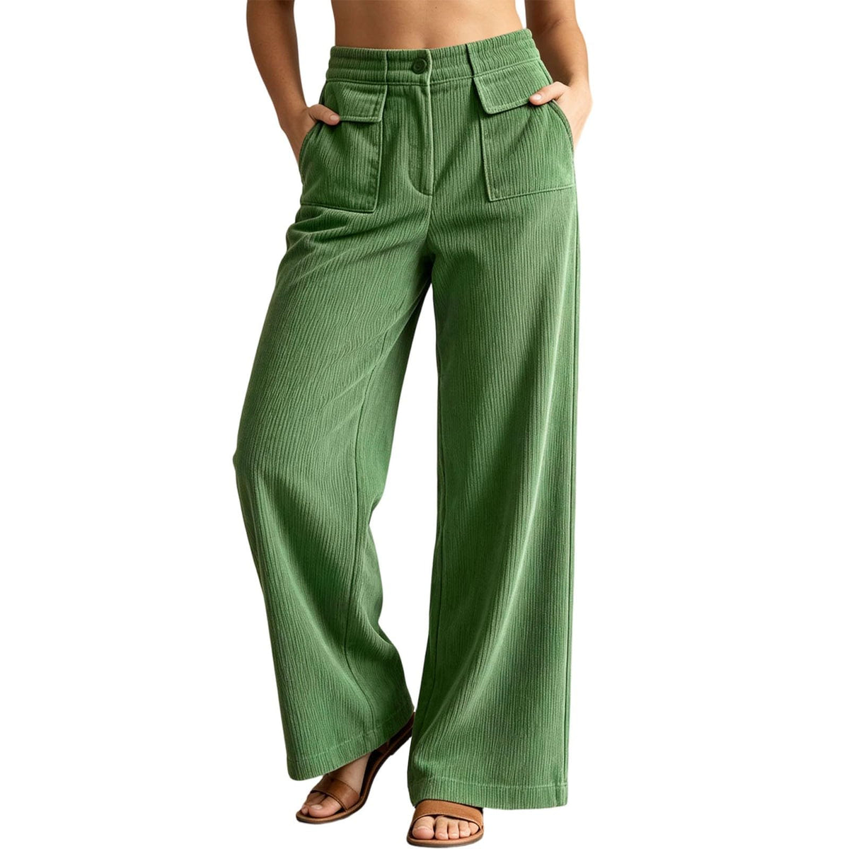 Wide Leg Corduroy Pants for Women Fall Lounge Button Pants Business Office Work Trousers with Double Pockets