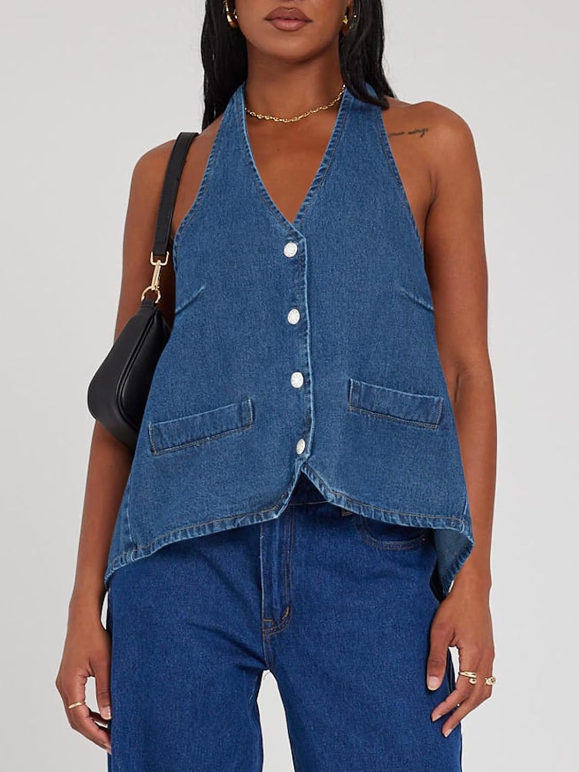 Tankaneo Womens Halter Denim Vest Top Summer Sleeveless Open Back Waistcoat