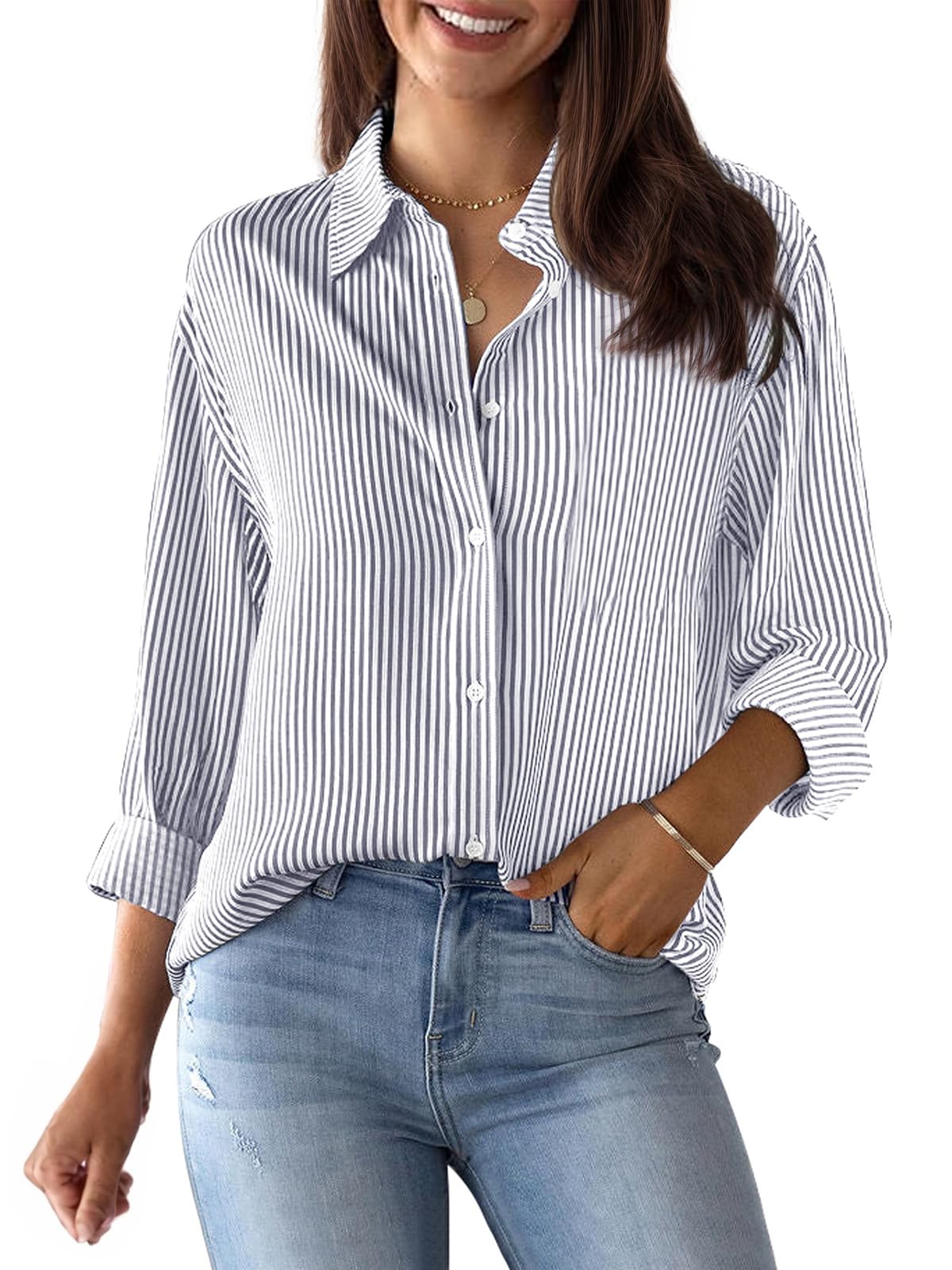 siliteelon Striped Button Down Shirts Women Cotton Long Sleeve Work Blouses