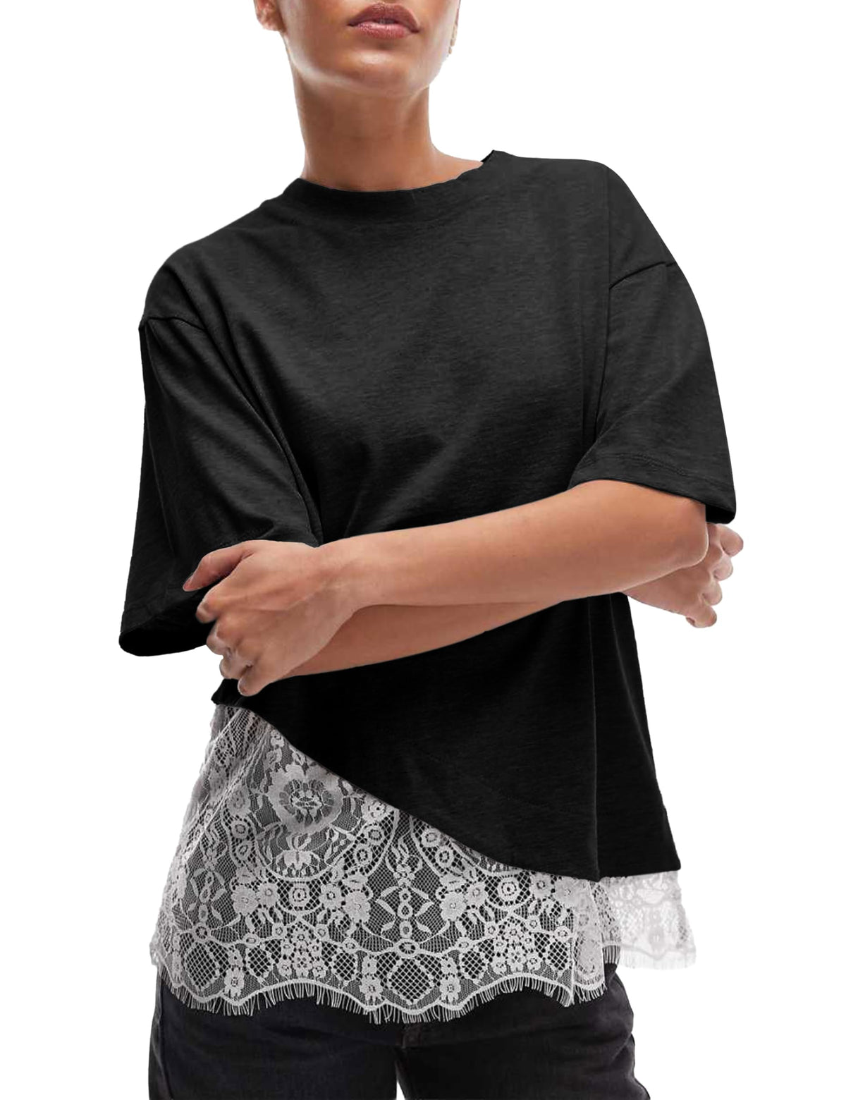 Womens Lace Patchwork Tops Casual Short Sleeve Cotton T Shirts