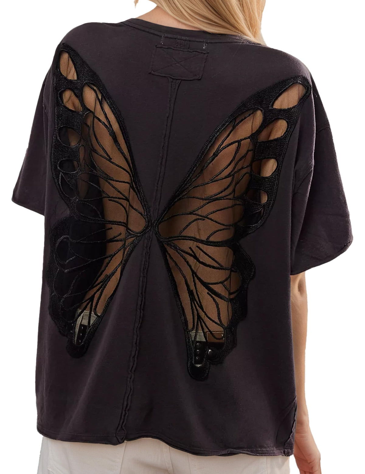 Women's Gothic Sheer Butterfly T Shirts Short Sleeve Goth Top Oversized Tee
