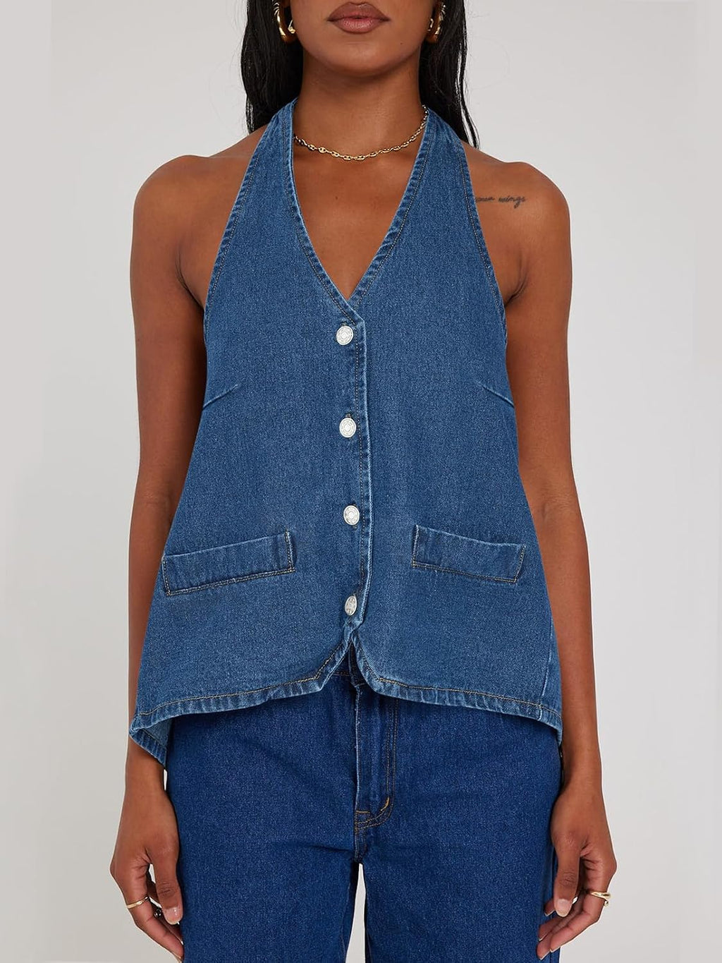 Tankaneo Womens Halter Denim Vest Top Summer Sleeveless Open Back Waistcoat