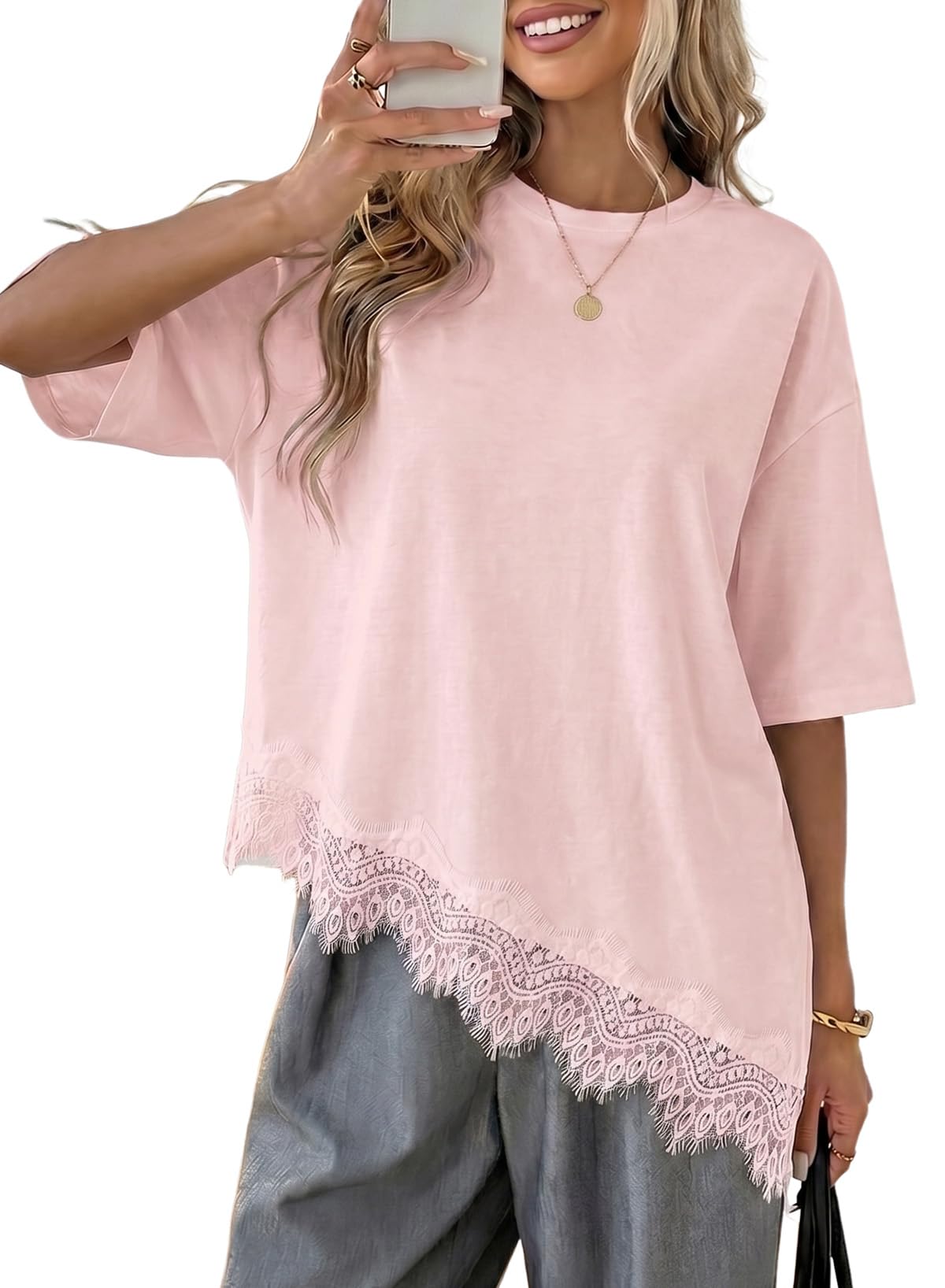 LOLONG Women Casual Crew Neck Half Sleeve Shirts Asymmetrical Lace Hem Tops