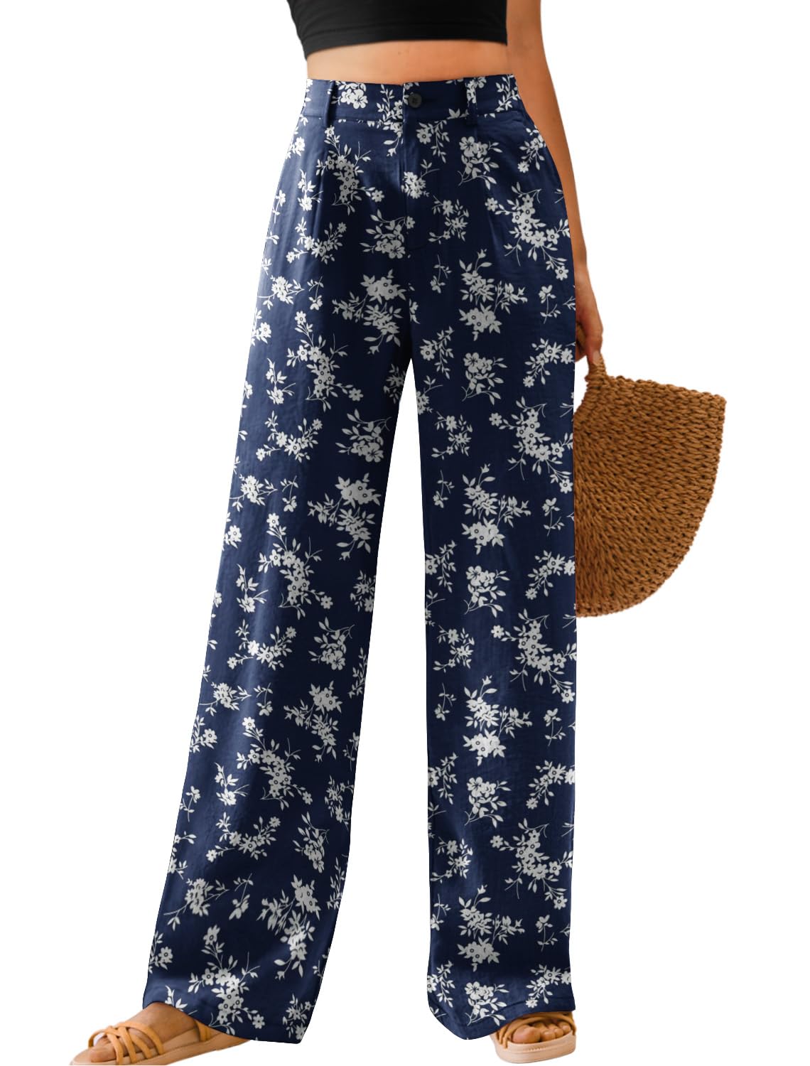 Feiersi Womens Casual Wide Leg Pants High Waisted Button Down Straight Long Trousers Palazzo Pants