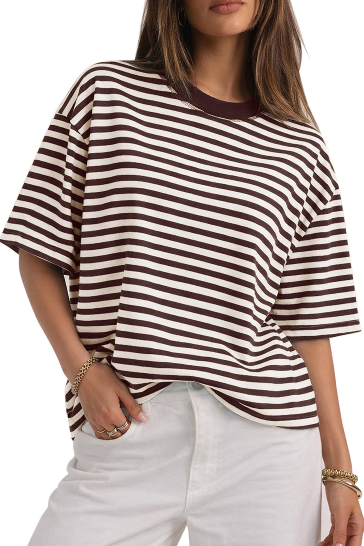 CHYRII Womens Oversized Striped T Shirts Short Sleeve Fashion 2026 Casual Crewneck Summer Y2K Clothes