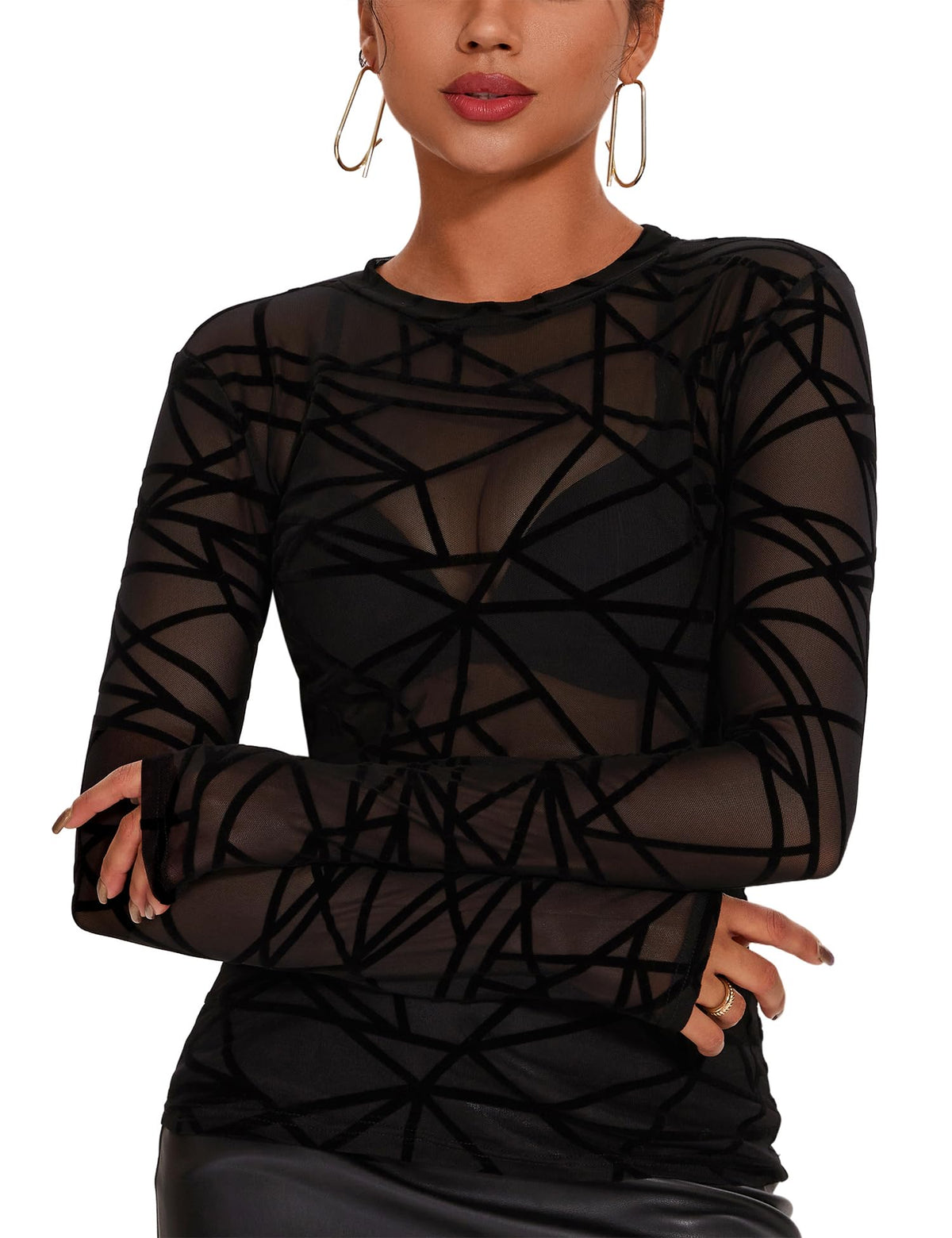 AKEWEI Womens Mesh Long Sleeve Tops Crew Neck Sexy See Through Tee Shirts Party Club Night Lace Blouse