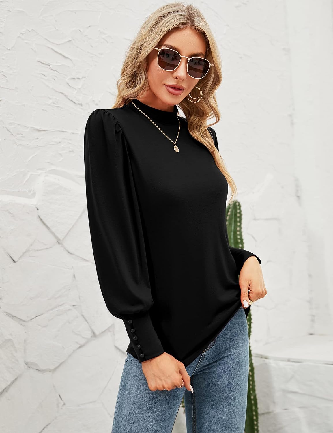 Mock Neck Tops for Womens Turtleneck Puff Long Sleeve Shirts Blouses