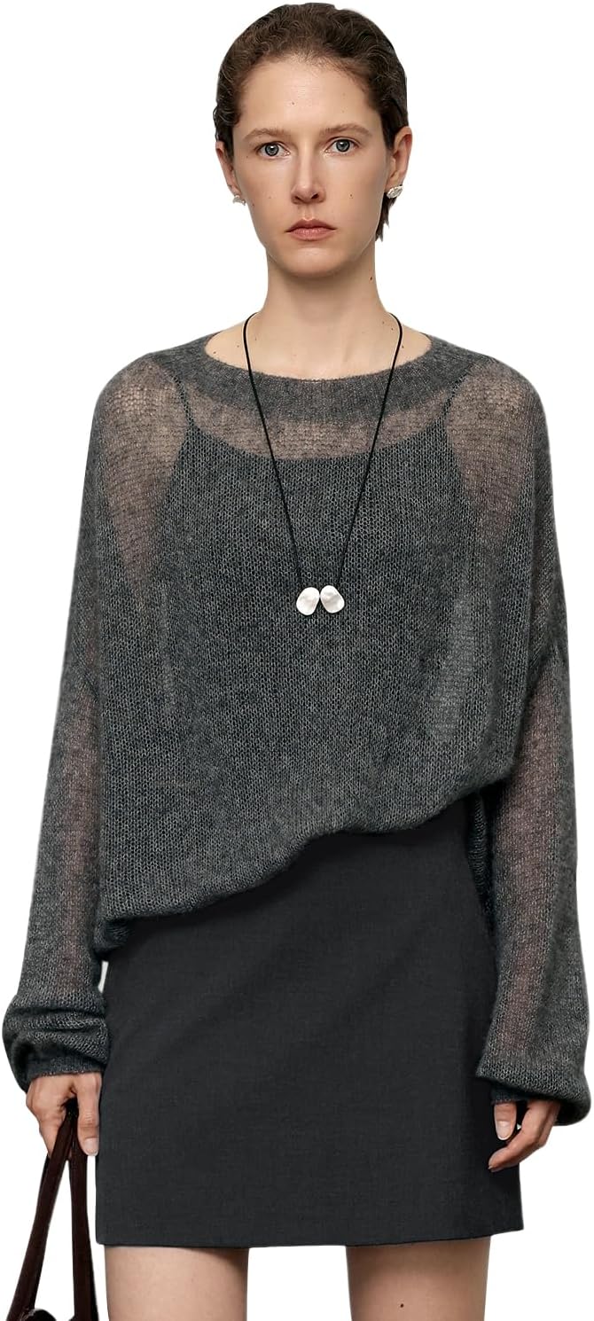 Silk Cashmere Blend Sweater for Women, Lightweight Crewneck Knit Pullover Jumper for Spring Layering