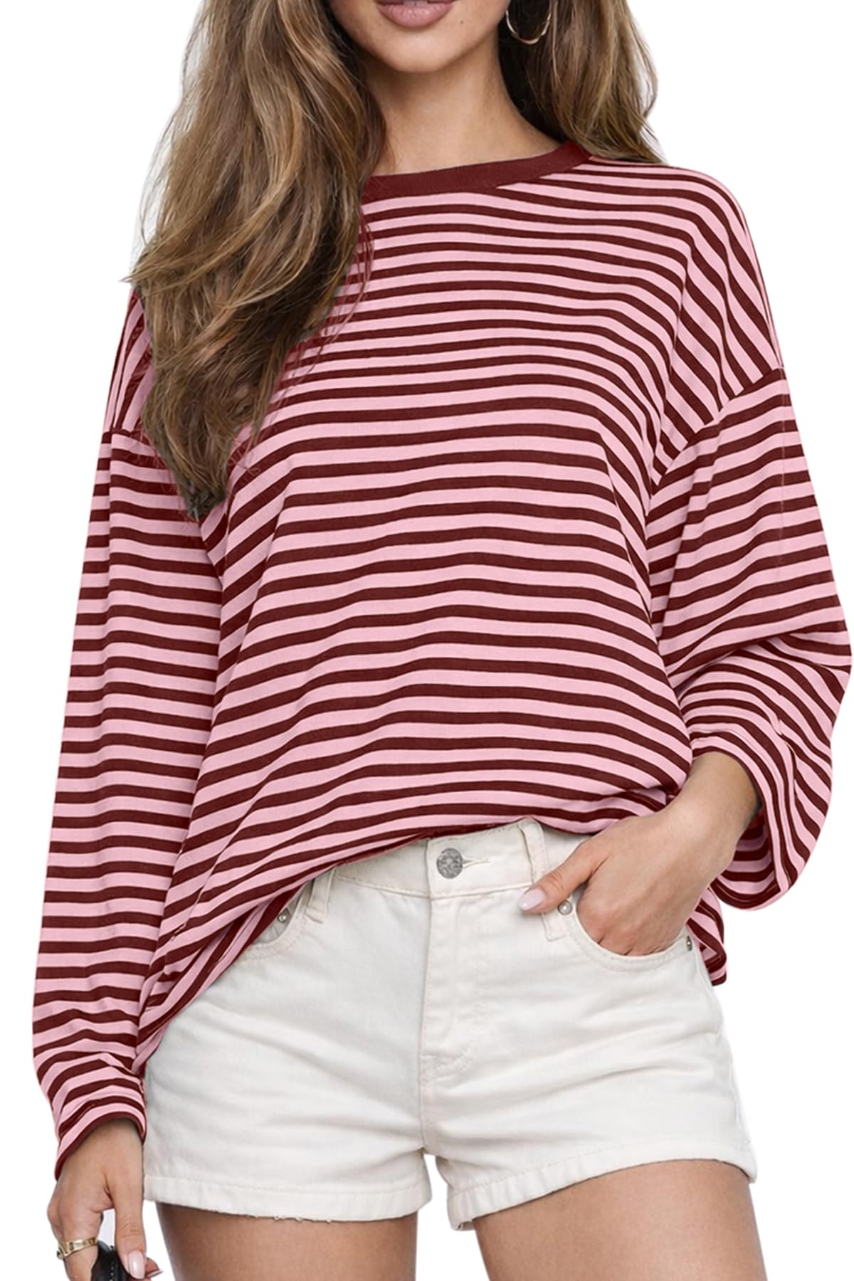 CHYRII Womens Oversized Striped Long Sleeve T Shirt Casual Fall Tops
