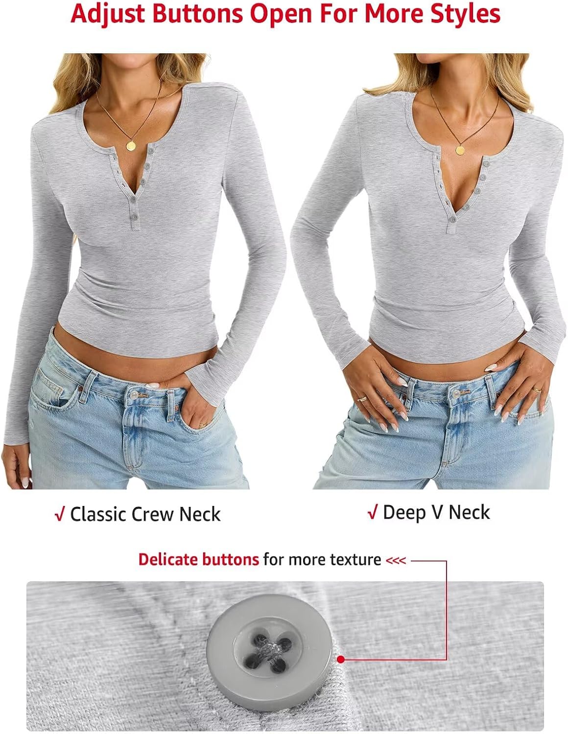 EasyGala Womens Cotton Long Sleeve Shirts Fitted V Neck Henley Top Fall Tee