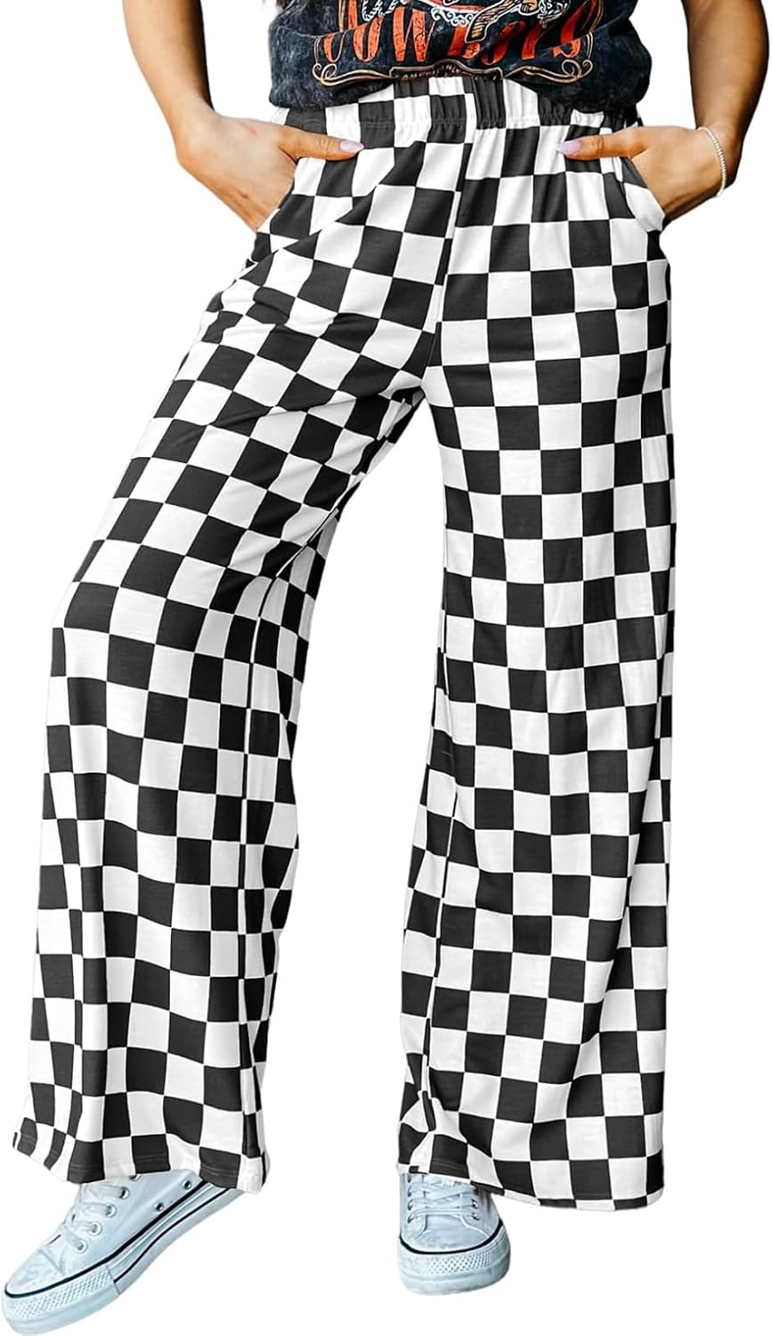 IWOLLENCE Women's Casual Loose Checkered Wide Leg Pants High Waist Straight Lounge Y2K Gingham Trousers