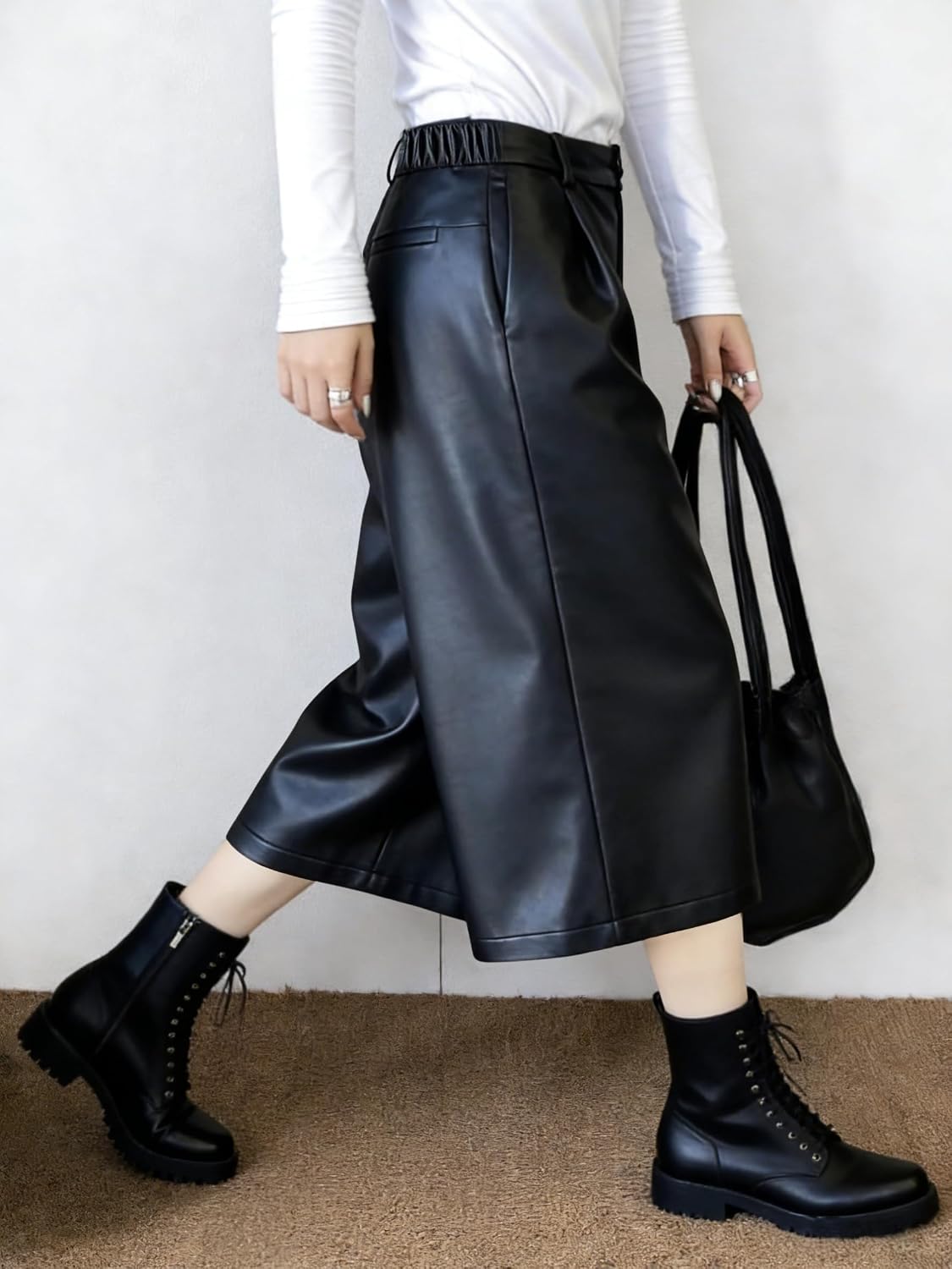 chouyatou Women's Pu Faux Leather Wide Leg Cropped Pants High Elastic Waist Baggy Barrel Capri Palazzo Pants