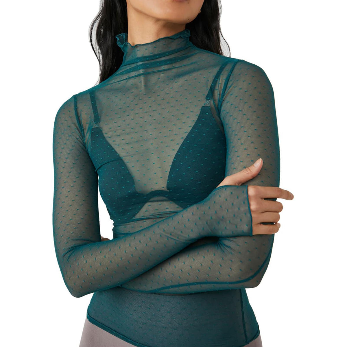 KMBANGI Women's Mesh Lace Long Sleeve Top Mock Neck Sheer Layering Tops