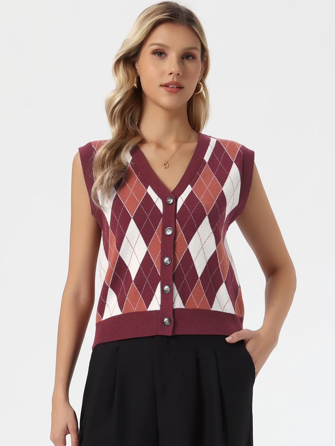 Allegra K Sweater Vest for Women's School Uniform Argyle Button Down Vest