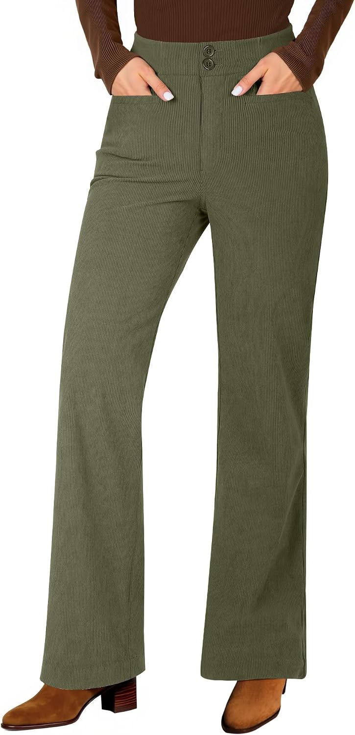 GRAPENT Corduroy Wide Leg Pants Woman High Waisted Trendy Fall Work Casual Elastic Waist Duo Button Welt Pocket Trousers