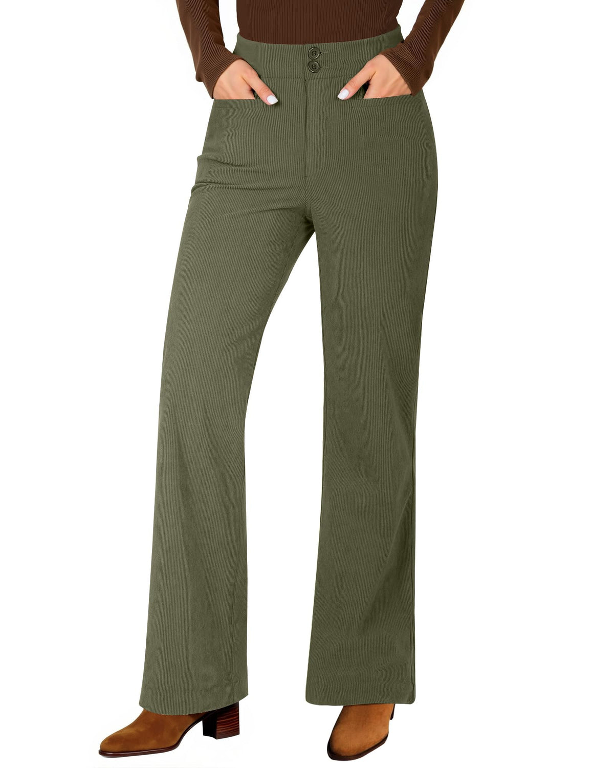 GRAPENT Corduroy Wide Leg Pants Woman High Waisted Trendy Fall Work Casual Elastic Waist Duo Button Welt Pocket Trousers