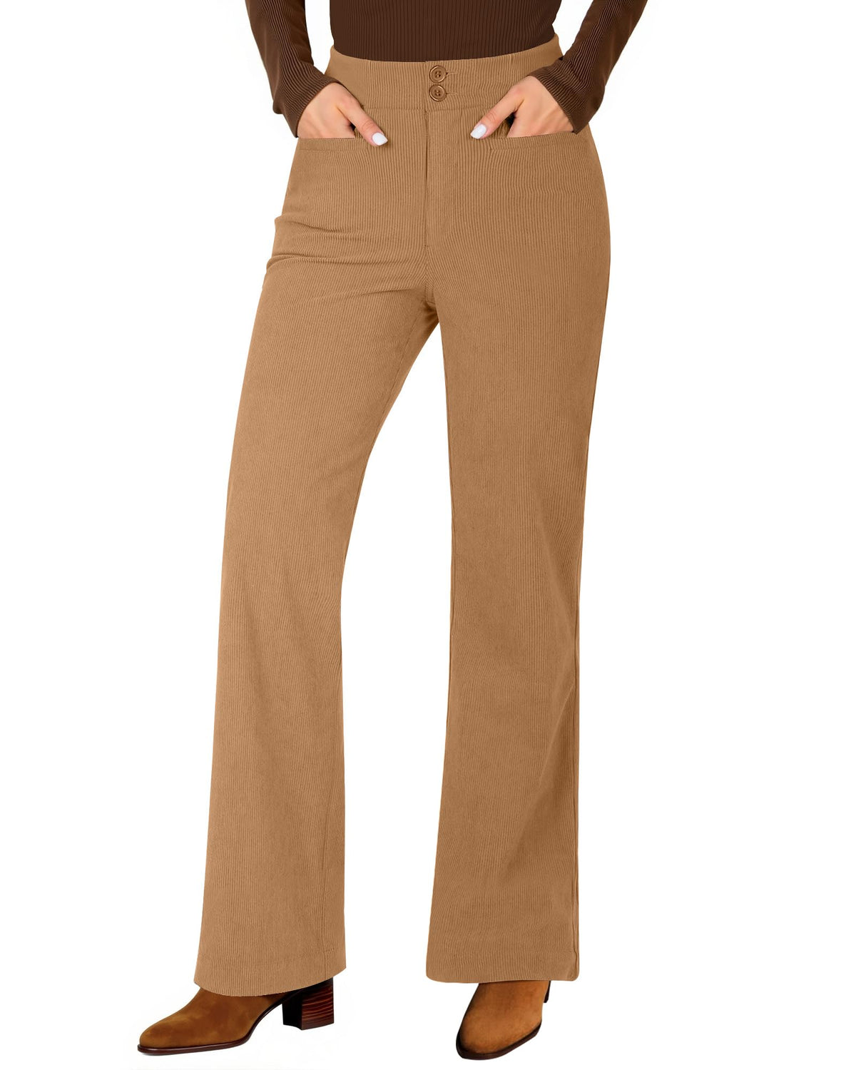 GRAPENT Corduroy Wide Leg Pants Woman High Waisted Trendy Fall Work Casual Elastic Waist Duo Button Welt Pocket Trousers