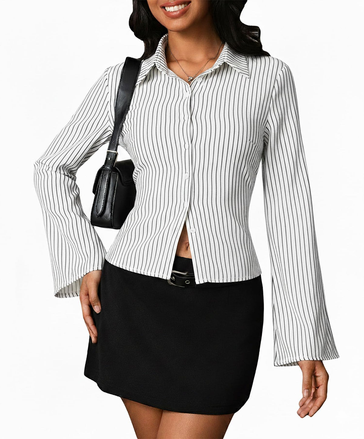 Women Striped Fitted Button Down Shirts Bell Long Sleeve Shirt Office Work Blouse Tops
