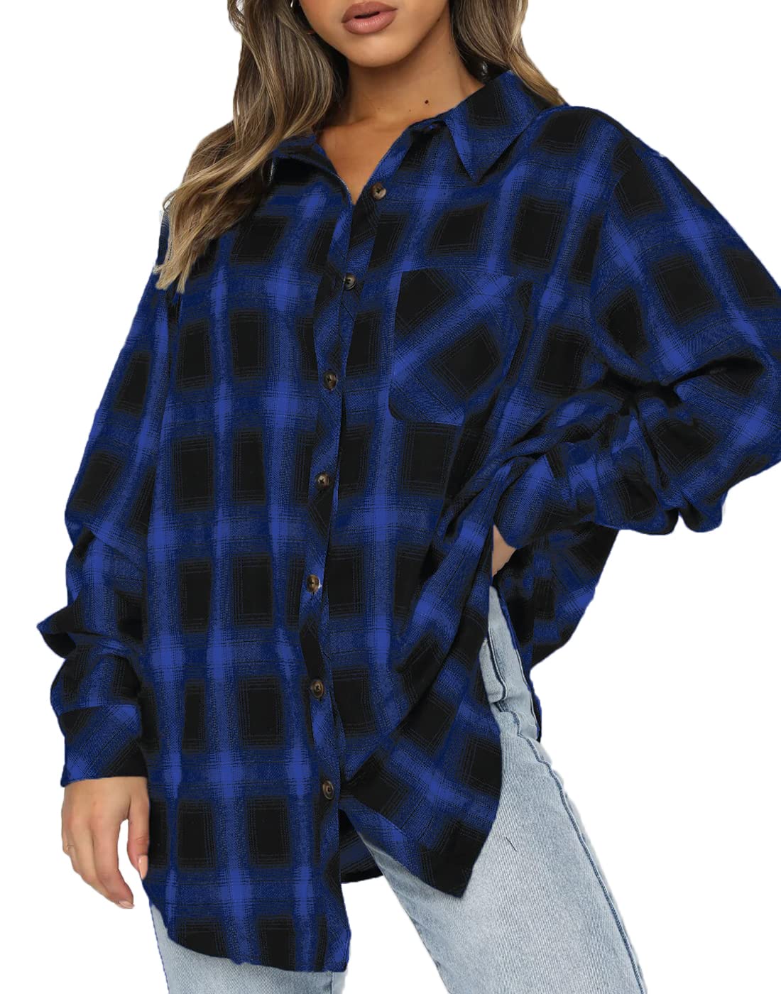 CHYRII Womens Button Down Flannel Shirts Long Sleeve Plaid Shackets Business Casual Blouse Top