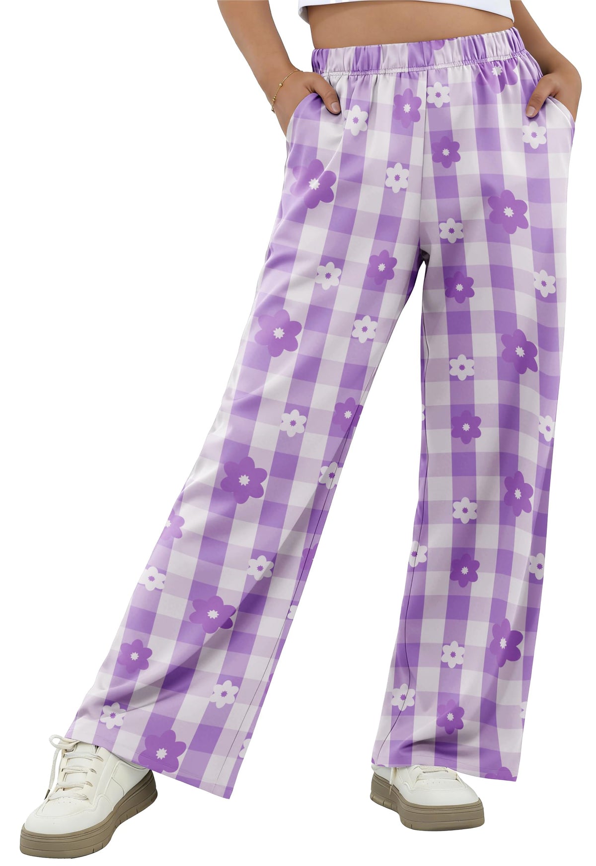 IWOLLENCE Women's Casual Loose Checkered Wide Leg Pants High Waist Straight Lounge Y2K Gingham Trousers