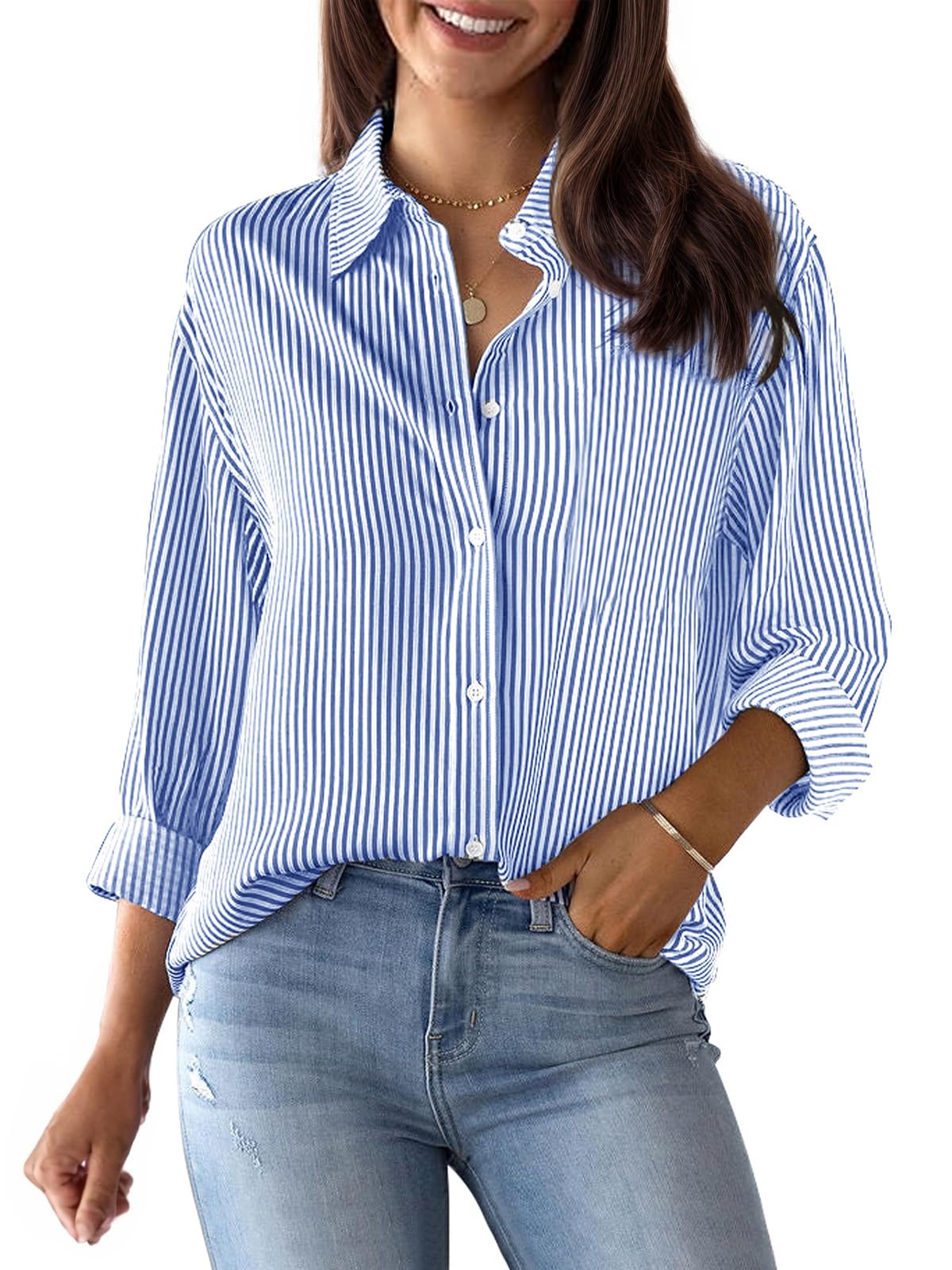 siliteelon Striped Button Down Shirts Women Cotton Long Sleeve Work Blouses