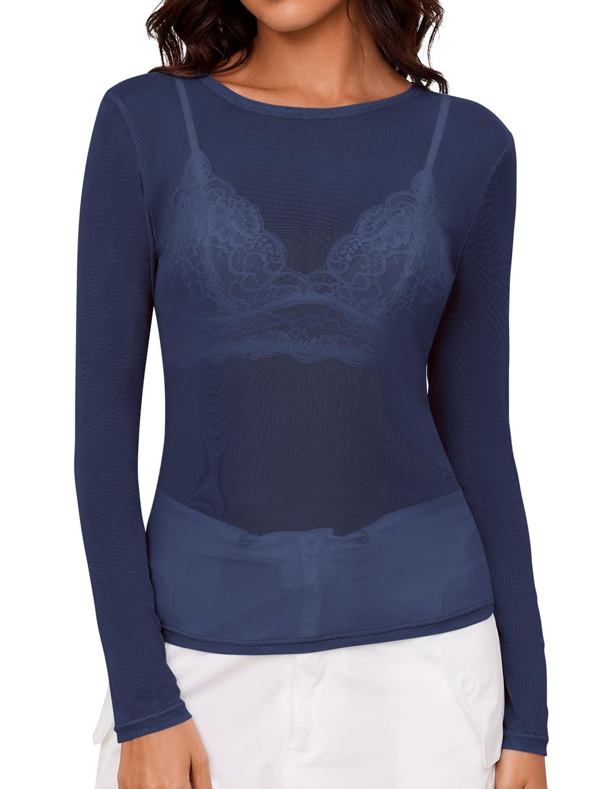 AKEWEI Womens Mesh Long Sleeve Tops Crew Neck Sexy See Through Tee Shirts Party Club Night Lace Blouse