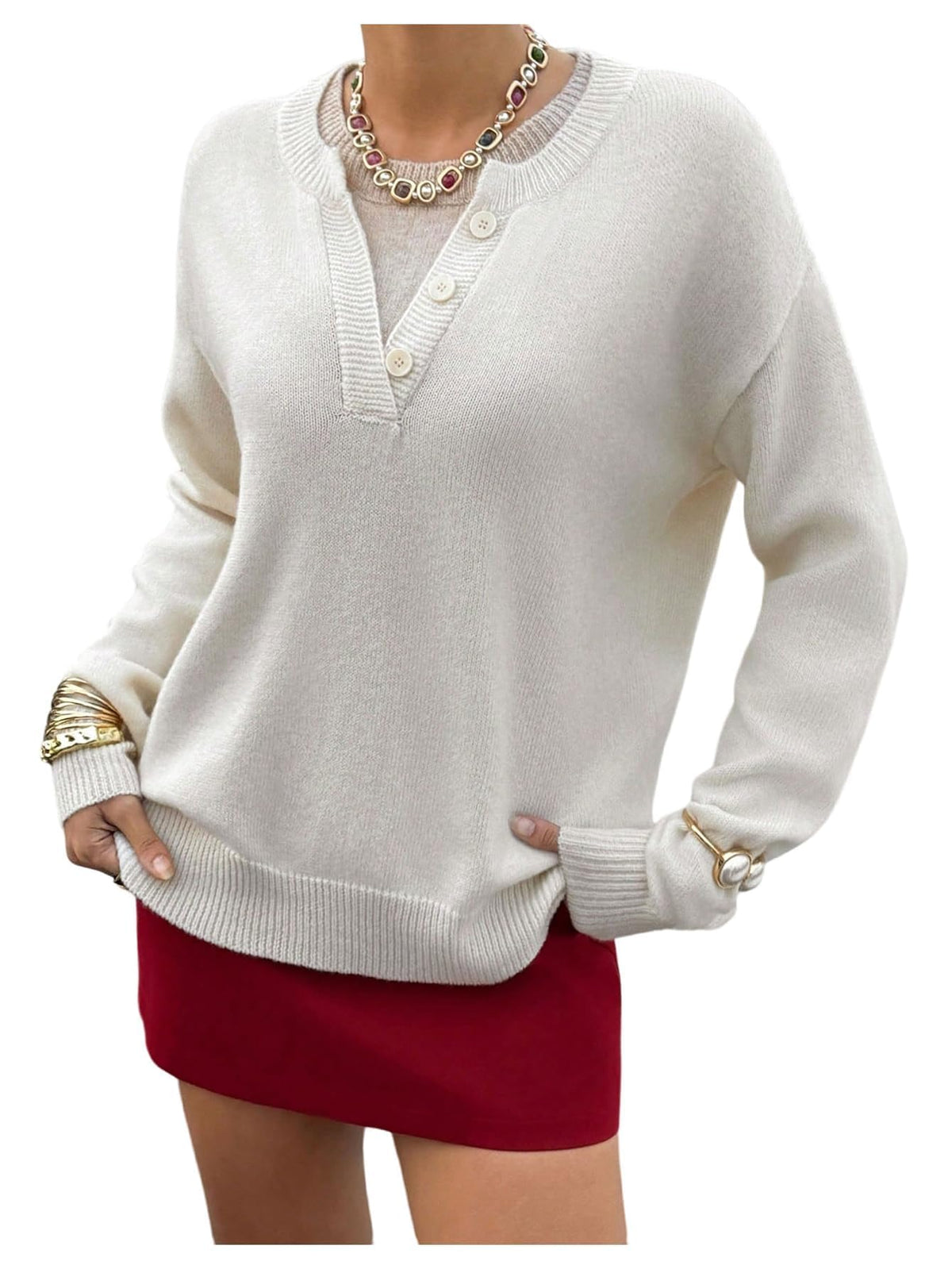 SOLY HUX Pullover Henley Sweaters for Women Long Sleeve Business Casual Top