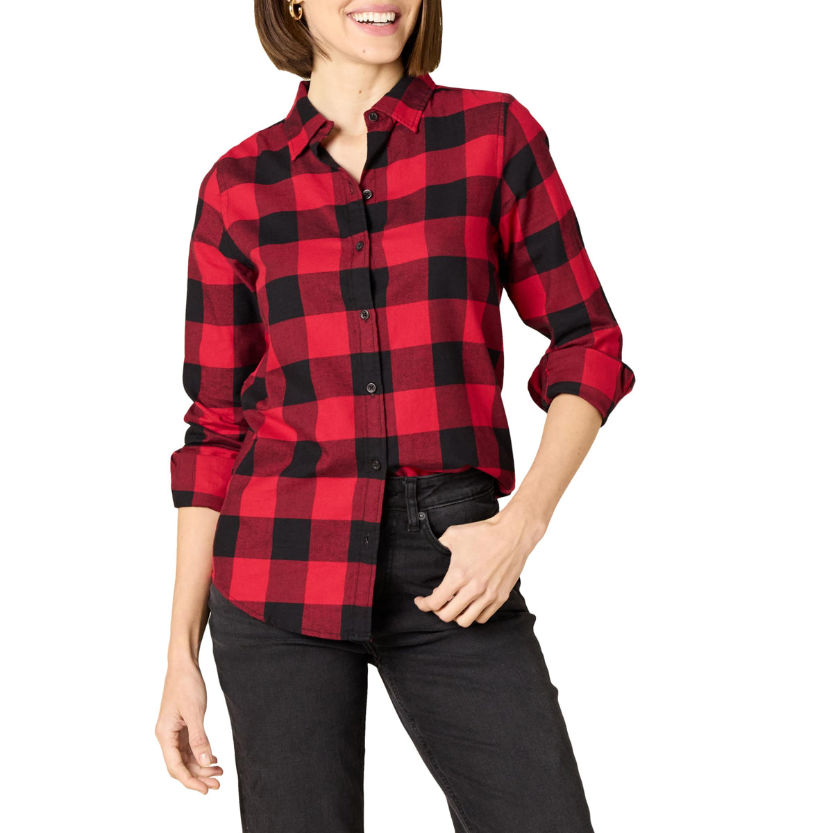 Amazon Essentials Women's Regular-Fit Long-Sleeve Lightweight Cotton Brushed Flannel Shirt